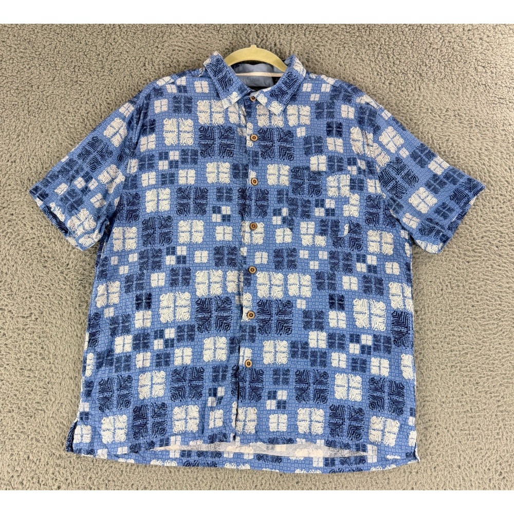 Nat Nast Button Up Shirt Mens Large Blue Geo Print Silk Cotton Blend Camp Luxury
